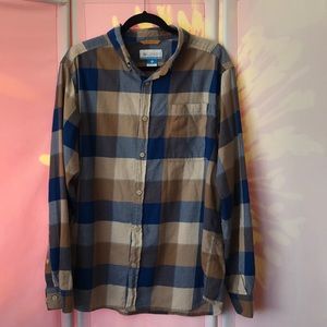 Columbia Plaid Blue Tan Long Sleeve Flannel Shirt